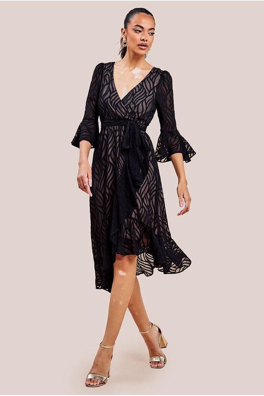Chiffon Geo-Wave Front Frill Wrap Midi Dress - Black by Goddiva