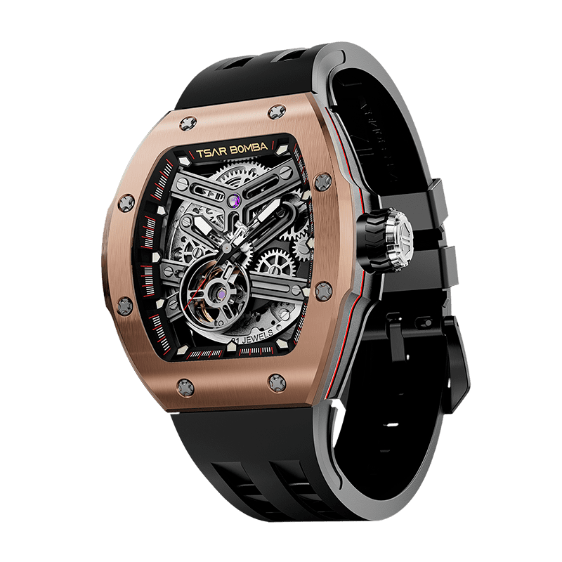 TSAR BOMBA Atomic TB8218A Edelstahl Skelett Auto austauschbar Herrenuhr-Lünette aus Edelstahl-intercahngeable Lünette;Armband;crown-Rose Gold