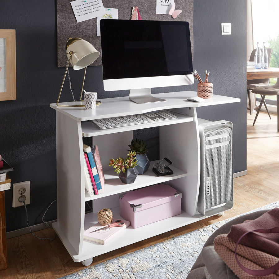 FineBuy Computertisch GRASSE rollbar Weiß 90 x 71 x 50 cm mit Tastaturauszug, Laptop Tisch auf feststellbaren Rollen, PC-Tisch mit Drucker-Ablage plat