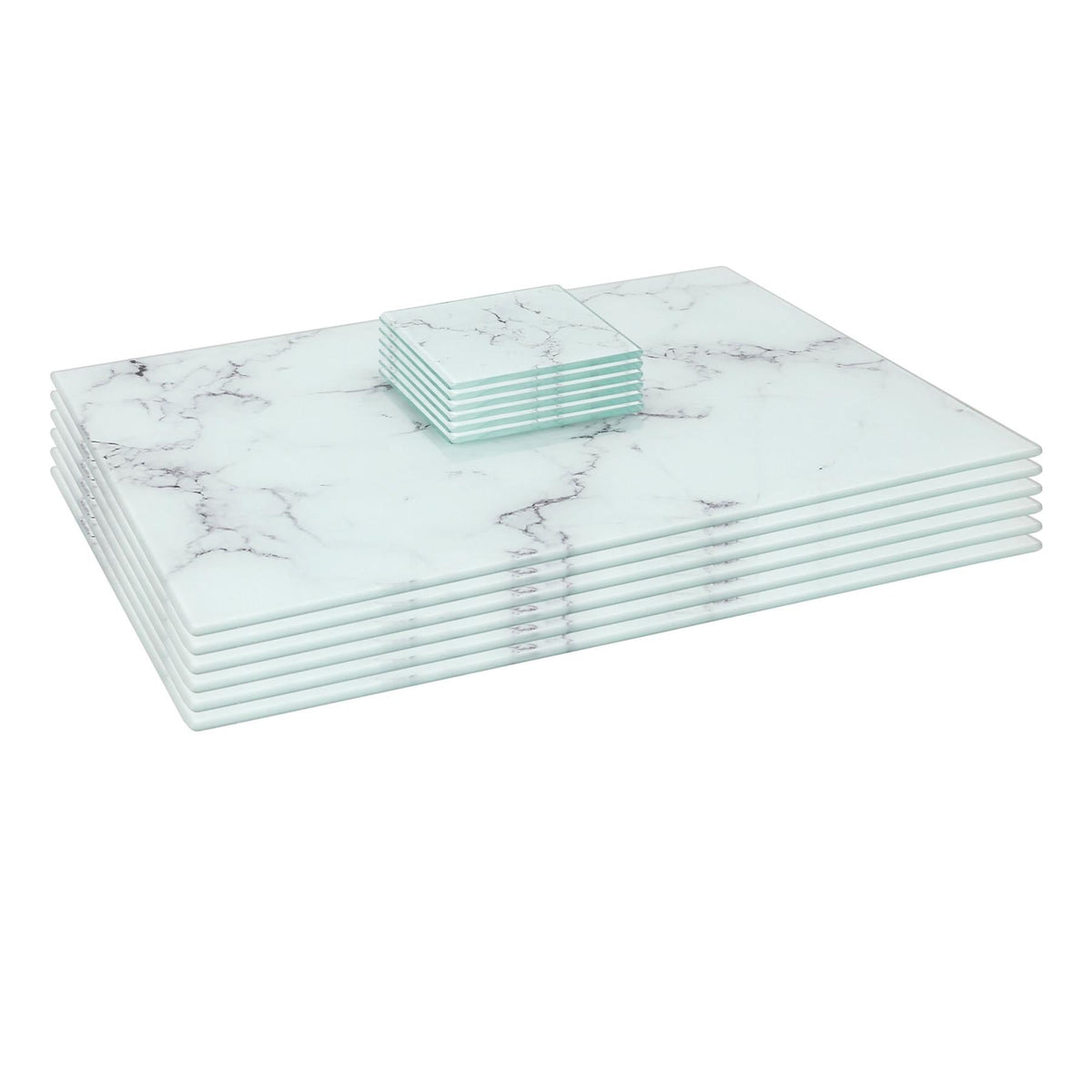 12pc Rectangle Glass Placemats & Square Coasters Set - 40cm x 30cm - Marble - White Marble