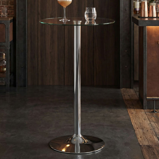 FineBuy Stehtisch 60x60x105 cm Rund Bartisch Sicherheitsglas Bistrotisch Silber, Moderner Tisch für Bar, Design Partytisch Metall, Hochtisch Messetisc