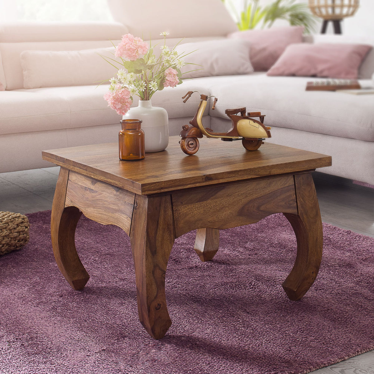 FineBuy Opium Couchtisch 60 x 40 x 60 cm Sheesham Massiv-Holz, Echtholz Wohnzimmertisch quadratisch braun, Stubentisch niedrig, Beistelltisch Sofatisc