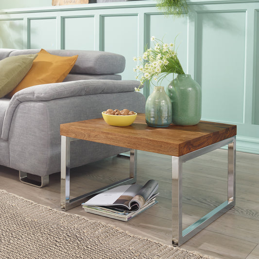 FineBuy Couchtisch quadratisch 60cm Sheesham Massivholz mit Chrom Gestell, Design Wohnzimmertisch, Sofatisch mit Metallrahmen, Holztisch Wohnzimmer, B