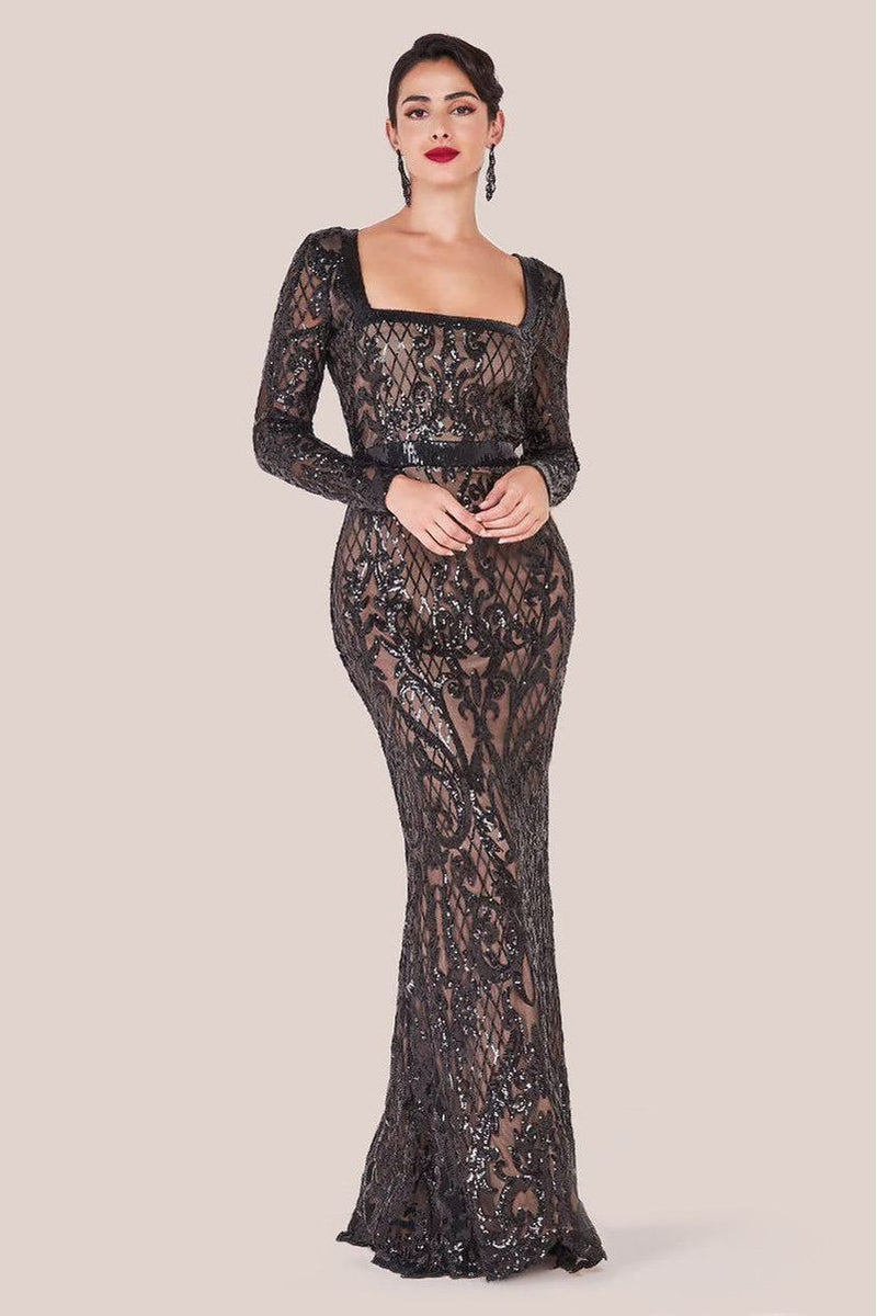 Sequin Square Neck Maxi With Scallop Hem - Black by Goddiva