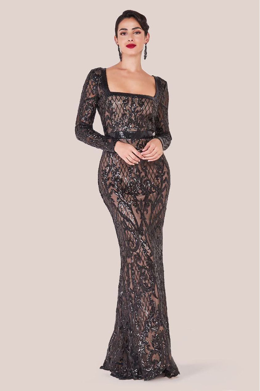 Sequin Square Neck Maxi With Scallop Hem - Black by Goddiva
