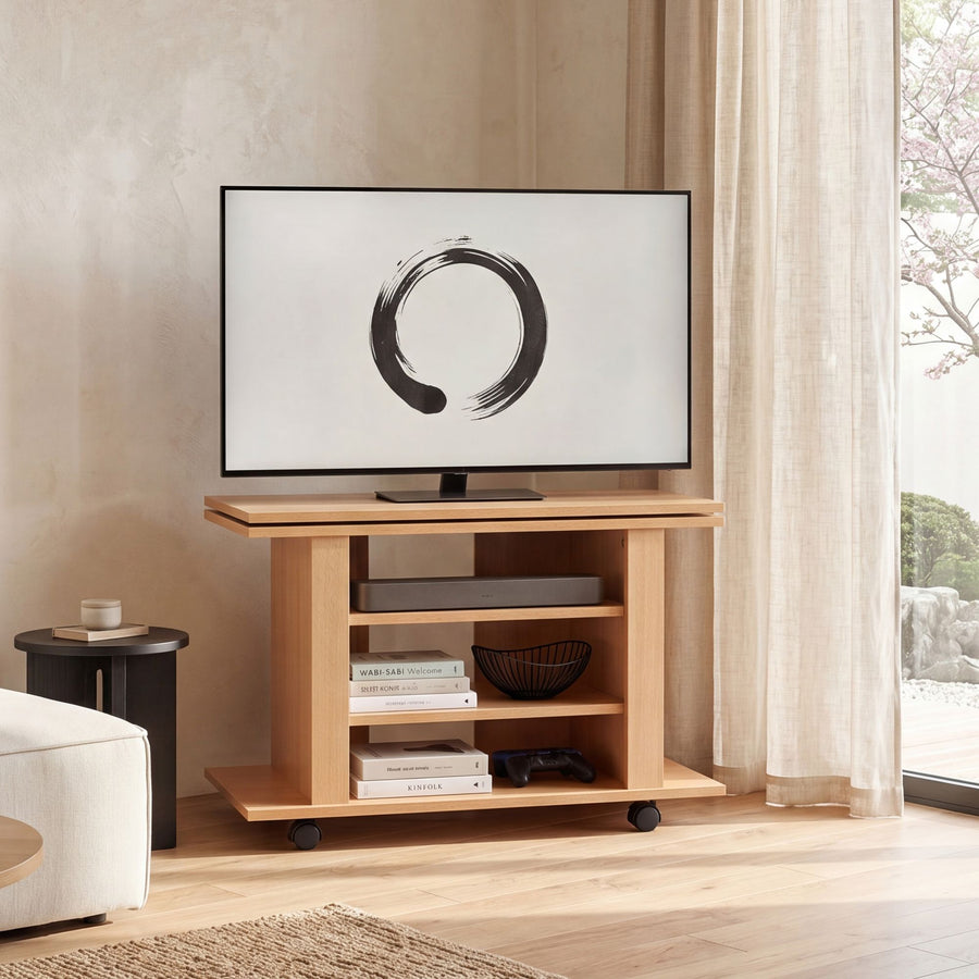 FineBuy Fernsehschrank Drehbar auf Rollen, TV Bank 75 x 38 x 50 cm mit Drehteller für Fernseher| Fernsehtisch Holz Buche mit Ablage Board, TV Schrank 