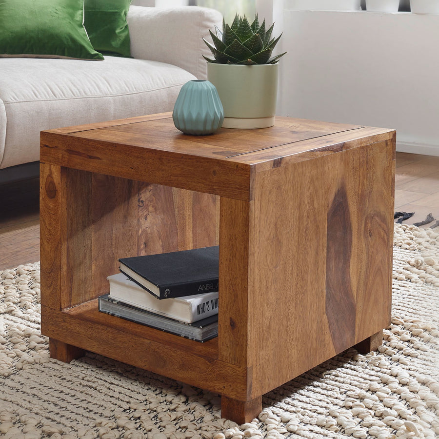 FineBuy Sheesham Massiv-Holz Couchtisch 50 x 50 cm Wohnzimmer-Tisch Design dunkel-braun Landhaus-Stil Beistelltisch Natur-Produkt Echtholz Unikat quad