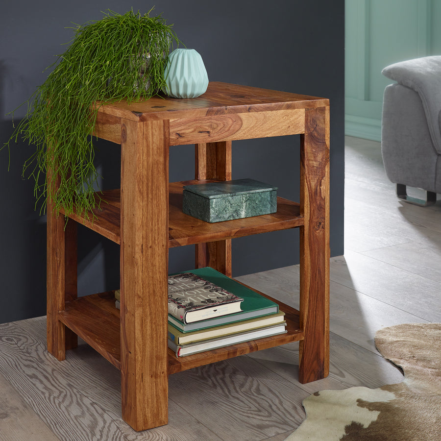 FineBuy Standregal 44 x 60 x 44 cm Sheesham Massiv-Holz Stehregal 3 Ablagen, Abstelltisch Wohnzimmer Niedrig, Ablagetisch Dunkelbraun Abstellregal Die
