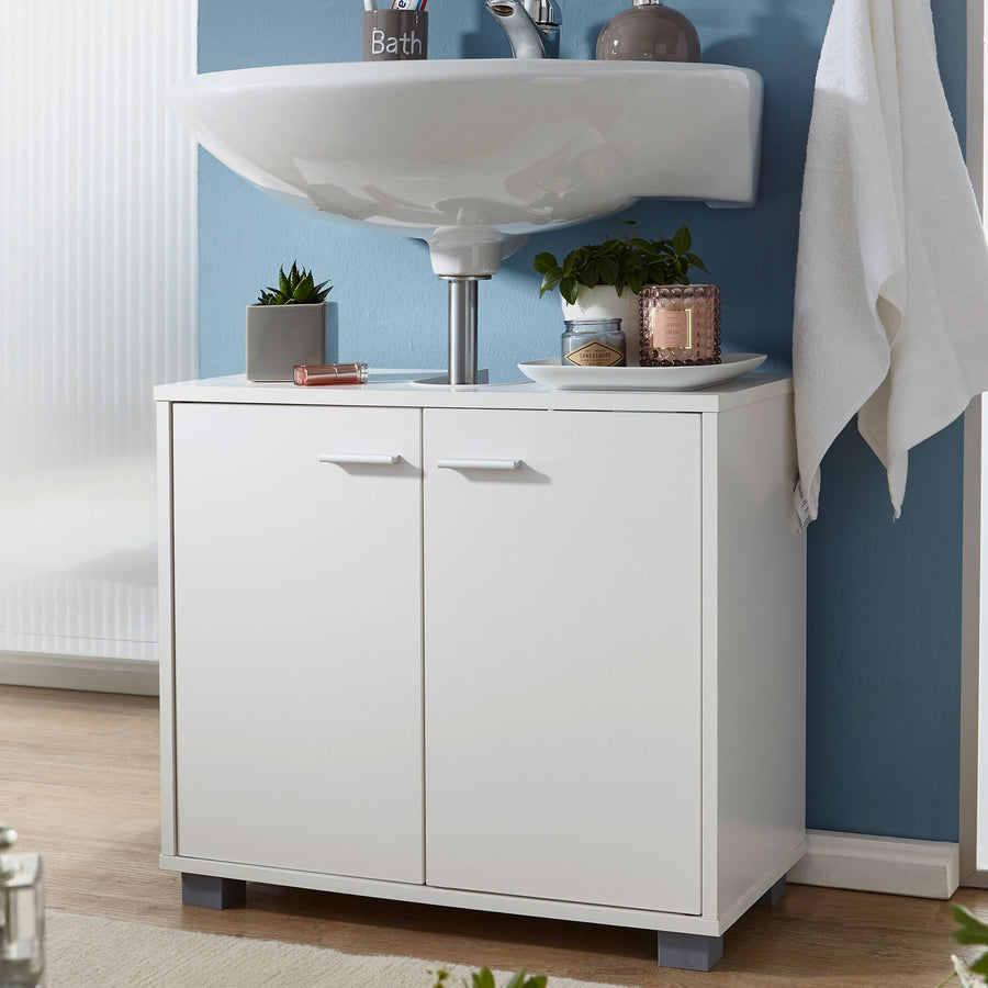 FineBuy Waschbeckenunterschrank mit 2 Türen Weiß, Kleiner Schrank Badezimmer 60x30x55 cm, Badschrank Waschbecken Stehend, Bad Aufbewahrung, Waschtisch