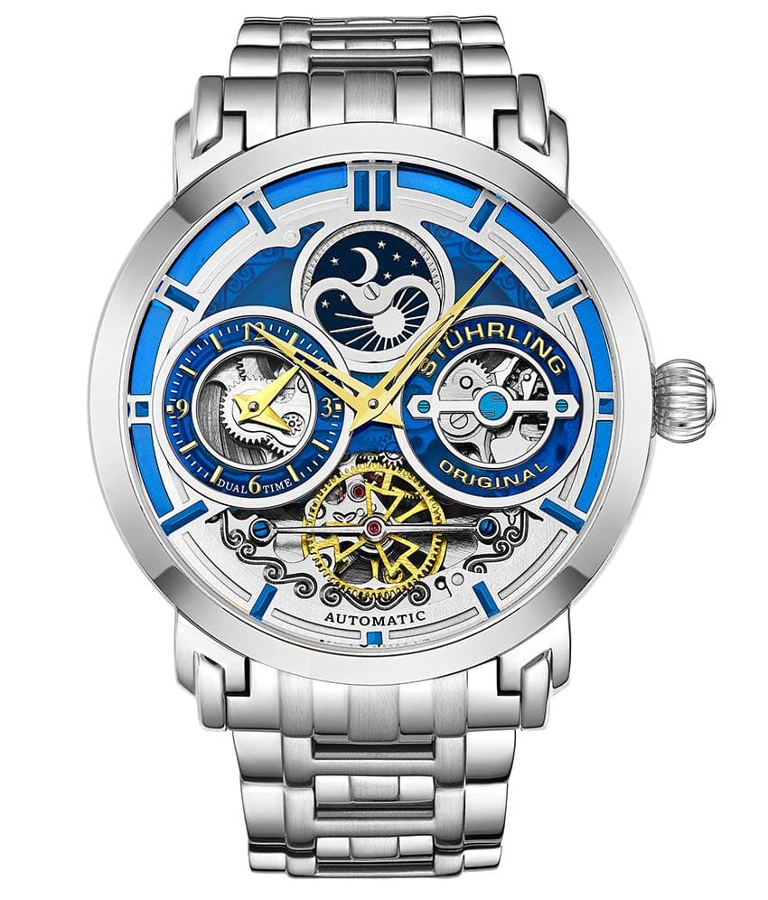 Stührling Luciano 371B Automatic 46mm Skeleton - Blue Dial/Silver Case/Silver Bracelet
