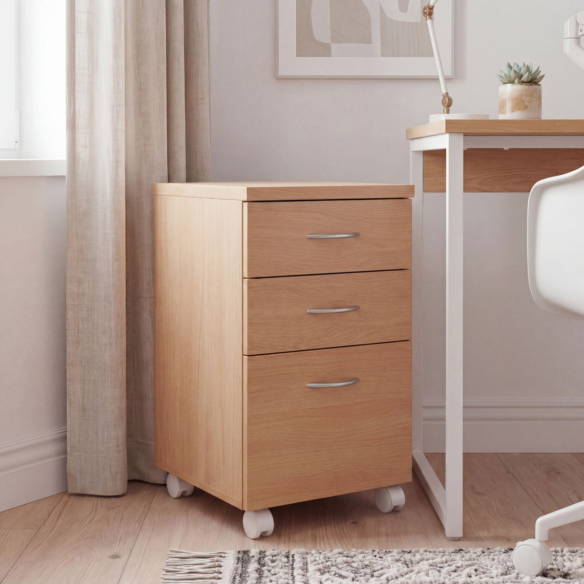 FineBuy Rollcontainer OTTAWA 40 x 60 x 45 cm Unterschrank mit Rollen Buche, Rollwagen mit Schubladen, Roll-Schrank Büro, Kosmetikwagen Make Up Wagen, 