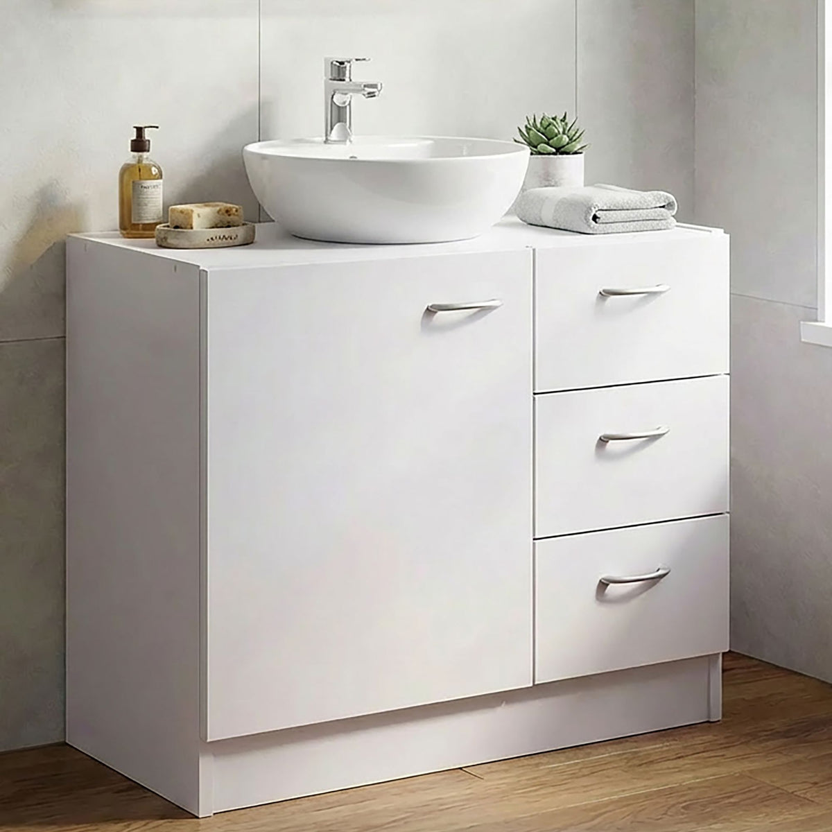 FineBuy Waschbecken-Unterschrank 54 x 63 x 30 cm weiß mit 1 Tür und 3 Schubladen, Unterstellschrank Bad mit Siphonausschnitt, Bad-Schrank klein Waschb