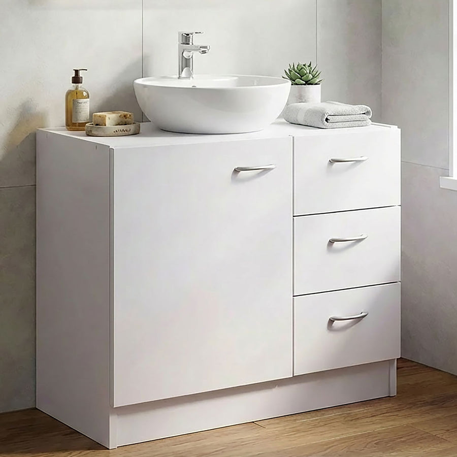 FineBuy Waschbecken-Unterschrank 54 x 63 x 30 cm weiß mit 1 Tür und 3 Schubladen, Unterstellschrank Bad mit Siphonausschnitt, Bad-Schrank klein Waschb