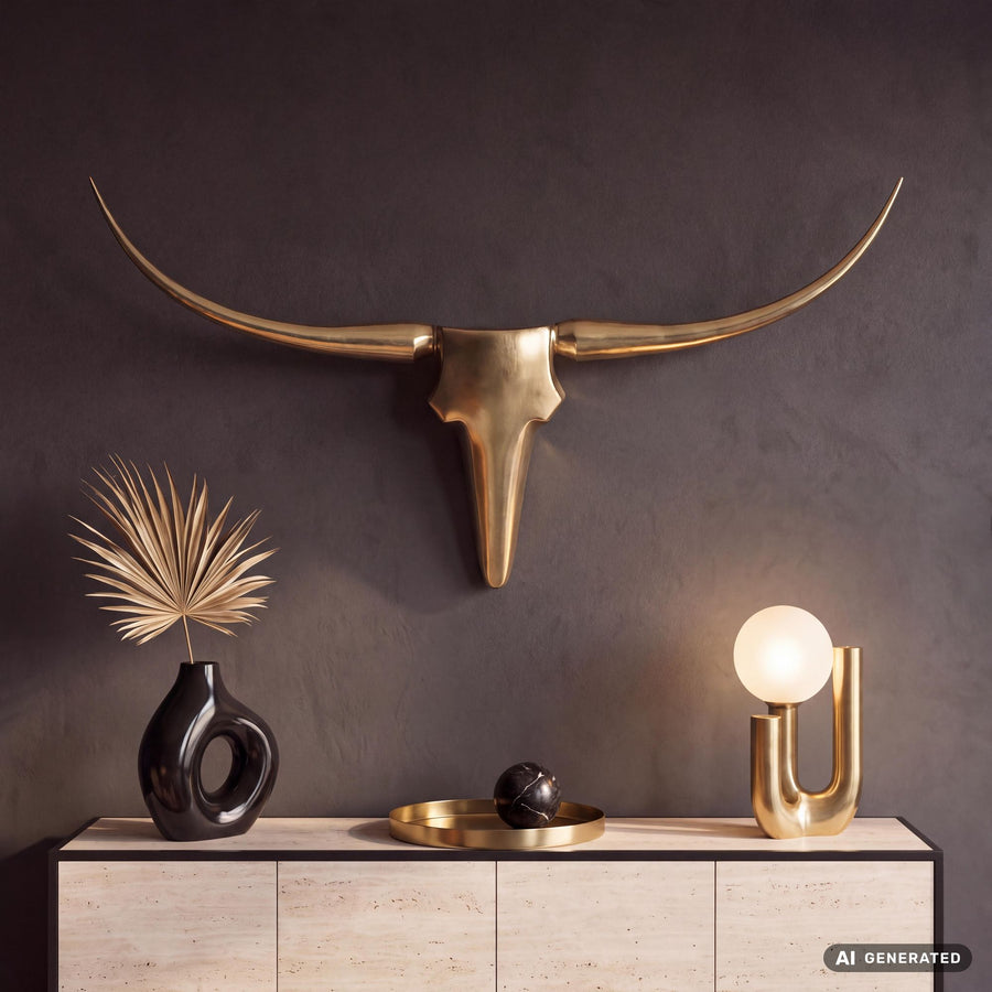FineBuy Deko Geweih Bull M FB37859 Gold 100 cm Aluminium Design Hörner, Wanddekoration Stierkopf Horn Modern, Wandskulptur Geweih-Jagdtrophäe Metall, 