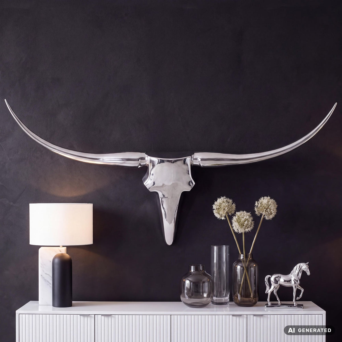 FineBuy Bull Geweih L Wanddekoration 125cm breit Alu Aluminium silber Aluminiumdekoration Wand Geweih Wandgestaltung