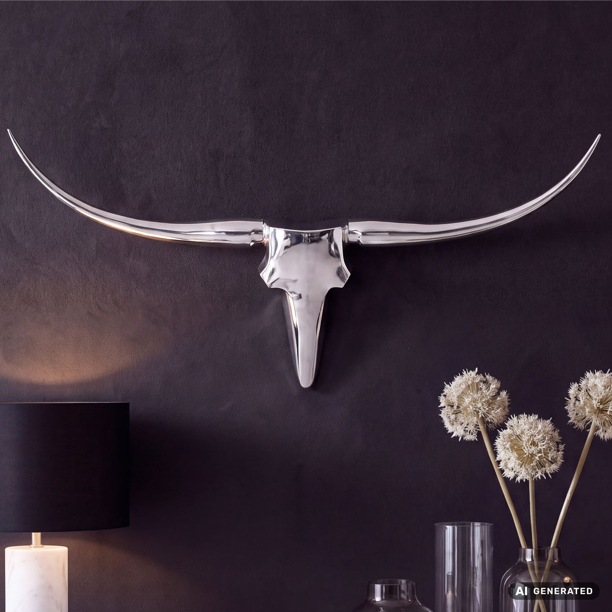 FineBuy Bull Geweih S Wanddekoration 74cm breit Alu Aluminium silber Aluminiumdekoration Wandgeweih Designdekoration