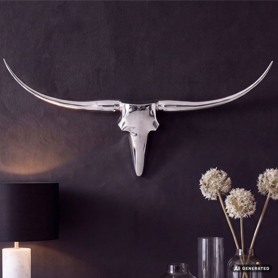 FineBuy Bull Geweih S Wanddekoration 74cm breit Alu Aluminium silber Aluminiumdekoration Wandgeweih Designdekoration