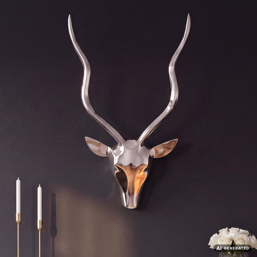 FineBuy Deko Hirschgeweih S Aluminium Wanddeko Landhausstil Silber Metall modern, Design Hirschkopf Landhaus Geweih Wand groß, Wohndeko Hirsch außen, 