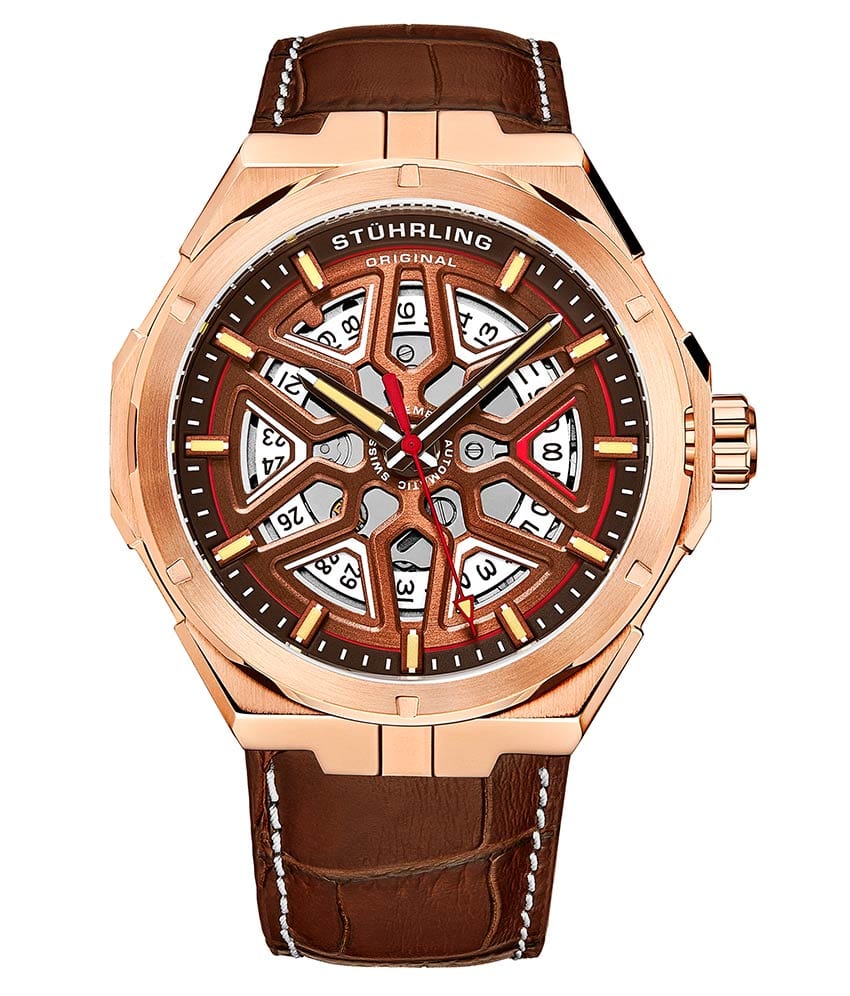 Stührling Swiss Automatic Gio 379 41mm Skeleton Watch - Brown Dial / Rose Case / Brown Leather Strap Rose Gold Layered Deployant Buckle