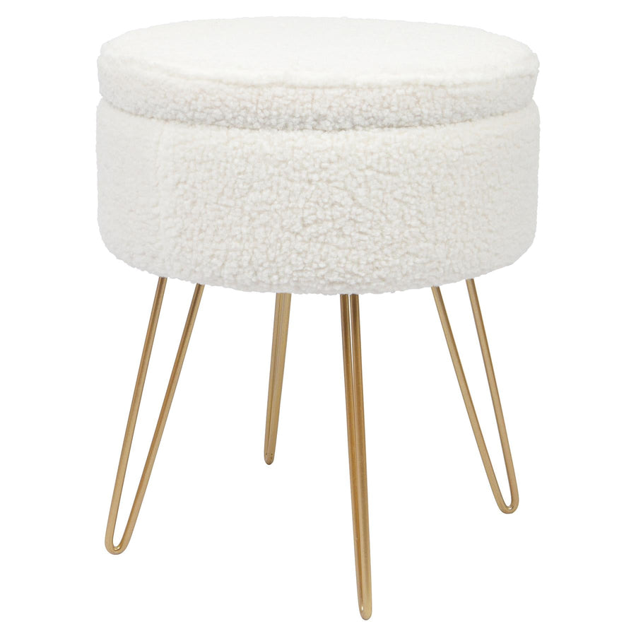 Cream H46 x D37cm Round Boucle Storage Footstool - Gold Legs