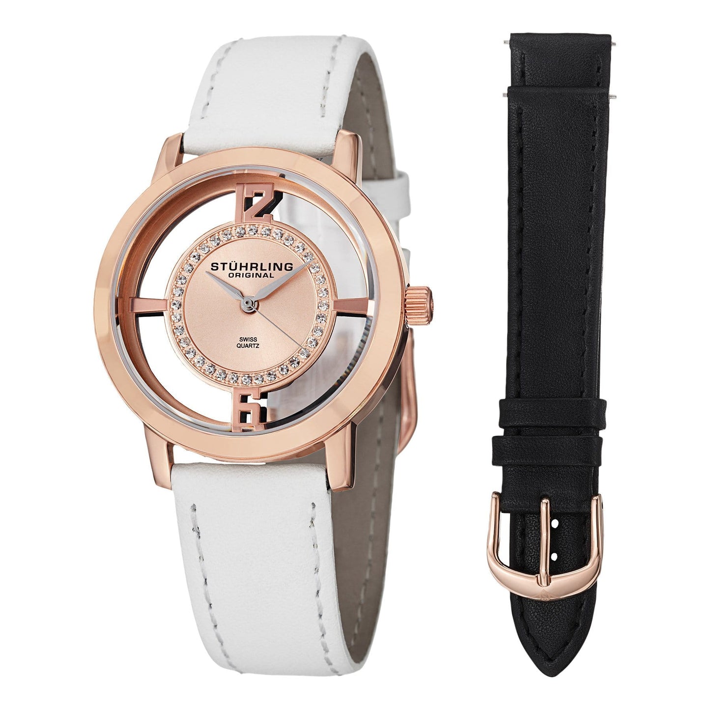 Stührling Winchester Tiara 388L2.SET Quartz 36mm Fashion - Rose Dial / Rose Case / White Leather Interchangeable Strap Rose Gold Layered Tang Buckle