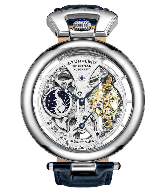 Stührling Emperor’s Grandeur 3919 Automatic 49mm Skeleton - Silver Dial/Silver Case/Blue Leather Strap