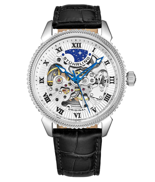 Stührling Special Reserve 3983 Automatic 40mm Skeleton - White Dial / Silver Case / Black Leather Strap Silver Tang Buckle
