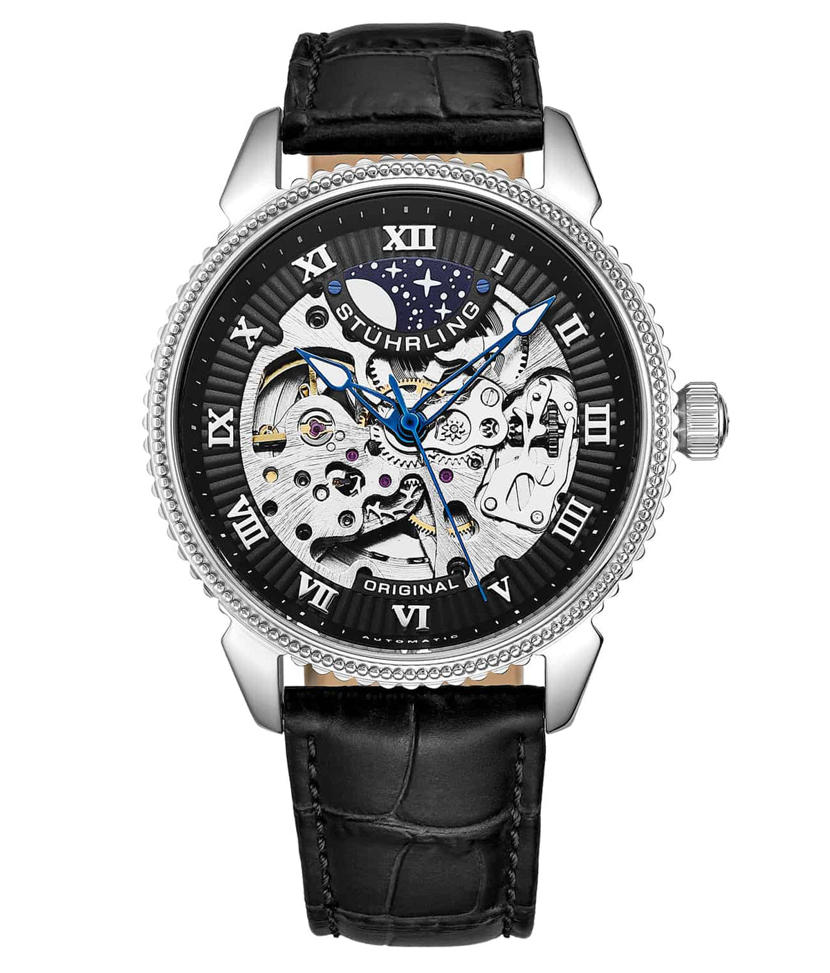Stührling Special Reserve 3983 Automatic 40mm Skeleton - Black Dial / Silver Case / Black Leather Strap Silver Tang Buckle
