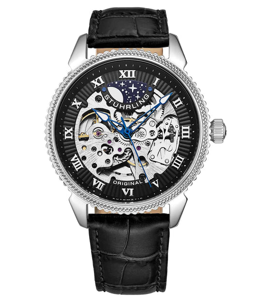 Stührling Special Reserve 3983 Automatic 40mm Skeleton - Black Dial / Silver Case / Black Leather Strap Silver Tang Buckle