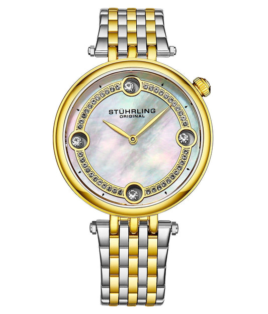 Stührling Symphony 3999 Quartz 38mm Fashion - Silver Dial / Yellow Case / Two Tone Yellow Stainless Steel Bracelet Deployant Buckle