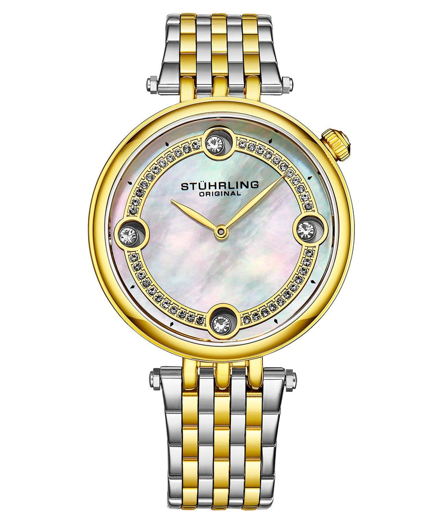 Stührling Symphony 3999 Quartz 38mm Fashion - Silver Dial / Yellow Case / Two Tone Yellow Stainless Steel Bracelet Deployant Buckle
