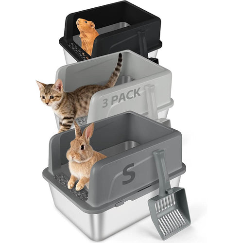 3 Pack Kitty Stainless Steel Litter Box - Black/Dark&Light Gray