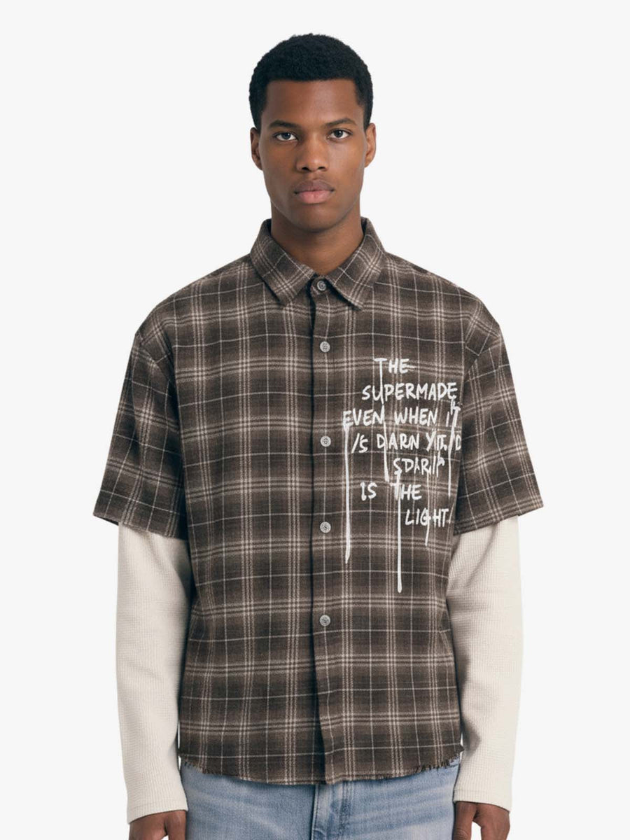Cotton Street Distressed Plaid Faux Two-Piece Shirt - Brown / S