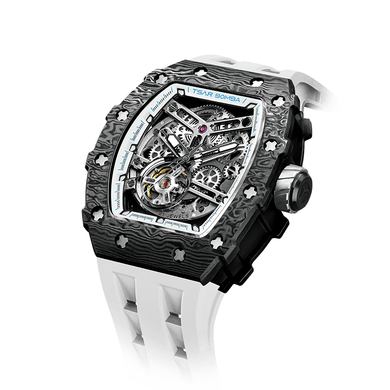 TSAR BOMBA schwarze Uhr – Automatische Herrenuhr mit sportlichem Carbonfaser-Design, wasserdicht, langlebig und stilvoll Elegantweiß