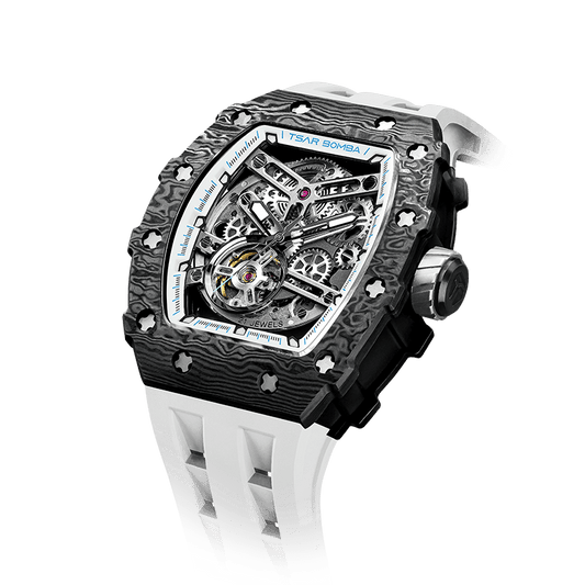 TSAR BOMBA schwarze Uhr – Automatische Herrenuhr mit sportlichem Carbonfaser-Design, wasserdicht, langlebig und stilvoll Elegantweiß