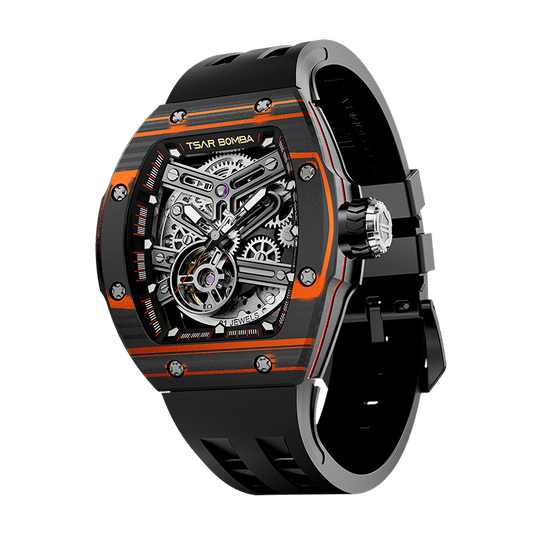 Atomic Series–Men's Carbon Fiber Skeleton Automatic Watch with Sapphire Crystal, Fluoro-Rubber Strap, 10 ATM Water Resistance, Interchangeable Design 