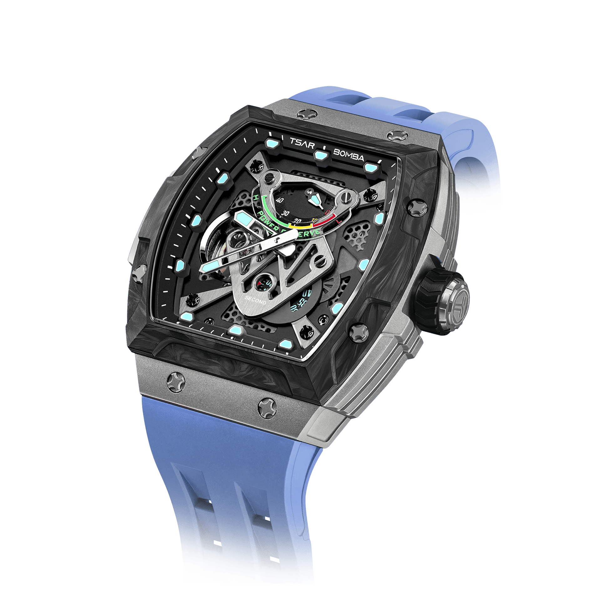 TSAR BOMBA Neutron Serie – Skelettierte automatische Herrenuhr mit Gehäuse aus Titanlegierung, Carbonfaser-Lünette Blau