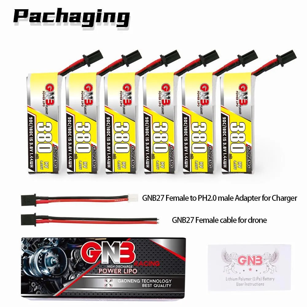 GNB/GAONENG 380mAh 1S 3.8V HV 90C Cabled Lipo Battery with GNB27 Connector(pack of 6) - Pack of 6