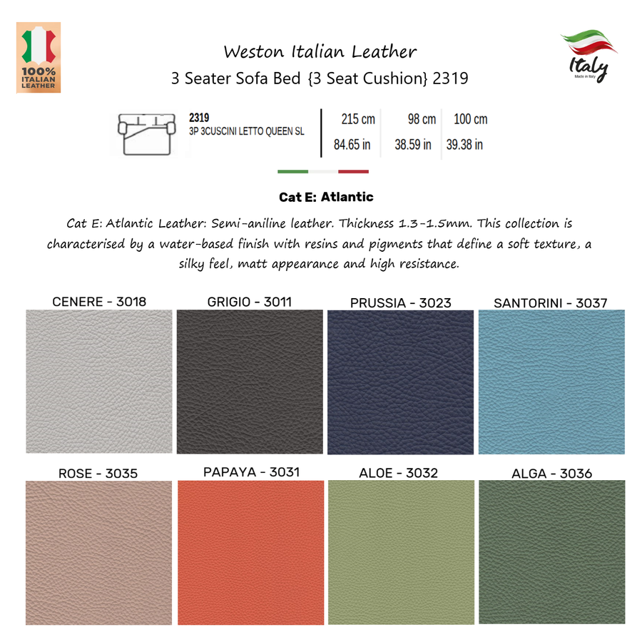 Weston Italian Leather Easy Open Sofa Bed - Choice Of Sizes & Leathers - 3 Seater Sofa Bed {3 Seat Cushion} 2319 / Rose - 3035 - Cat E