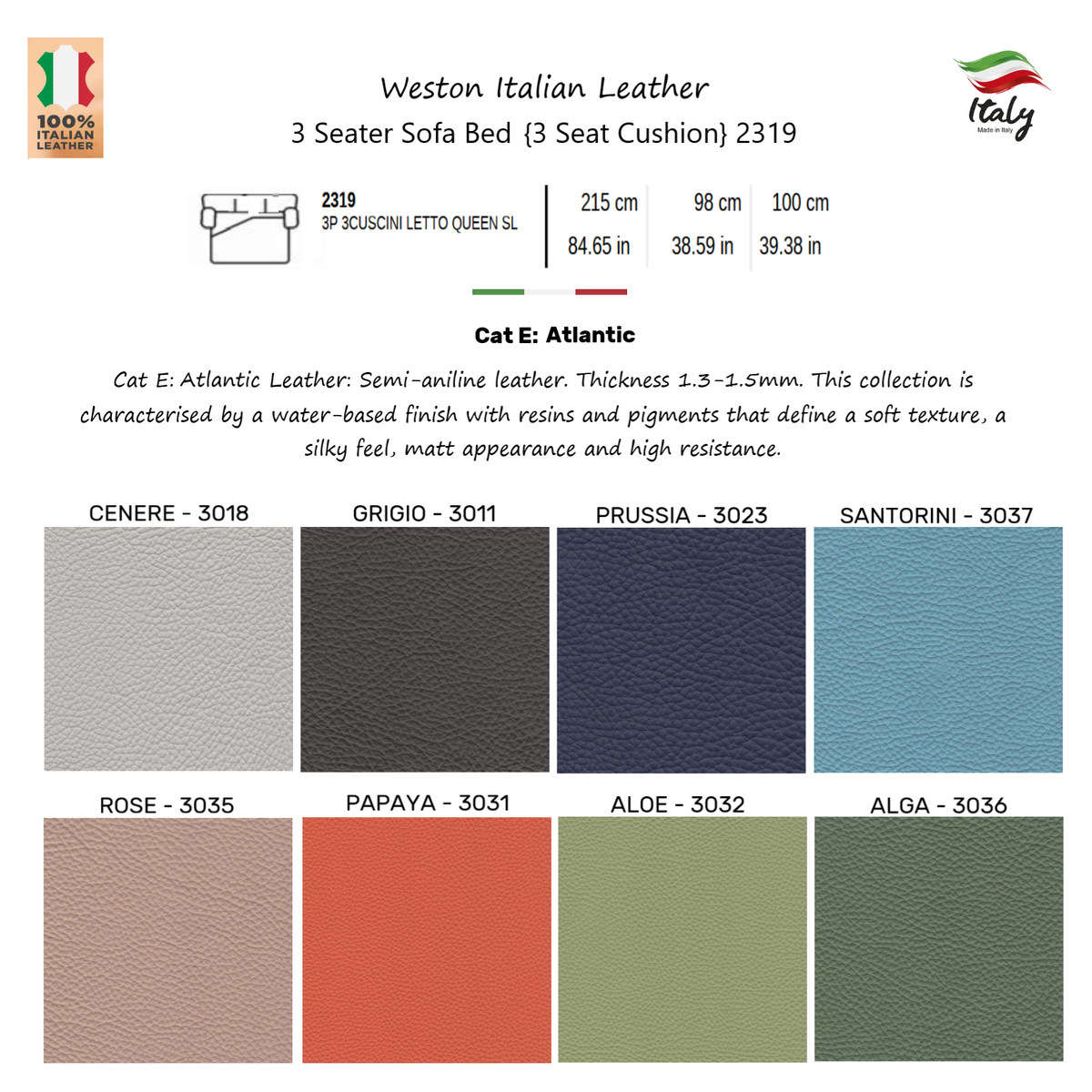 Weston Italian Leather Easy Open Sofa Bed - Choice Of Sizes & Leathers - 3 Seater Sofa Bed {3 Seat Cushion} 2319 / Alga - 3036 - Cat E