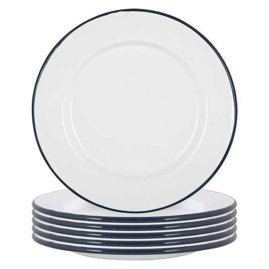 25.5cm White Enamel Dinner Plates - Pack of Six - Blue