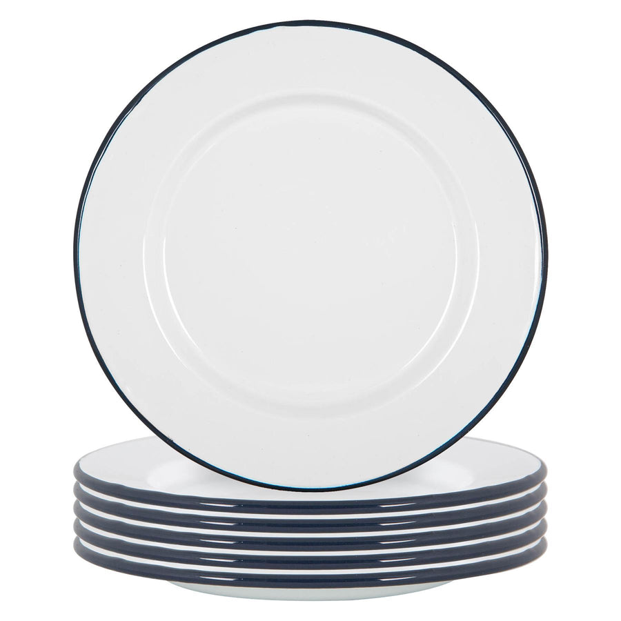25.5cm White Enamel Dinner Plates - Pack of Six - Blue