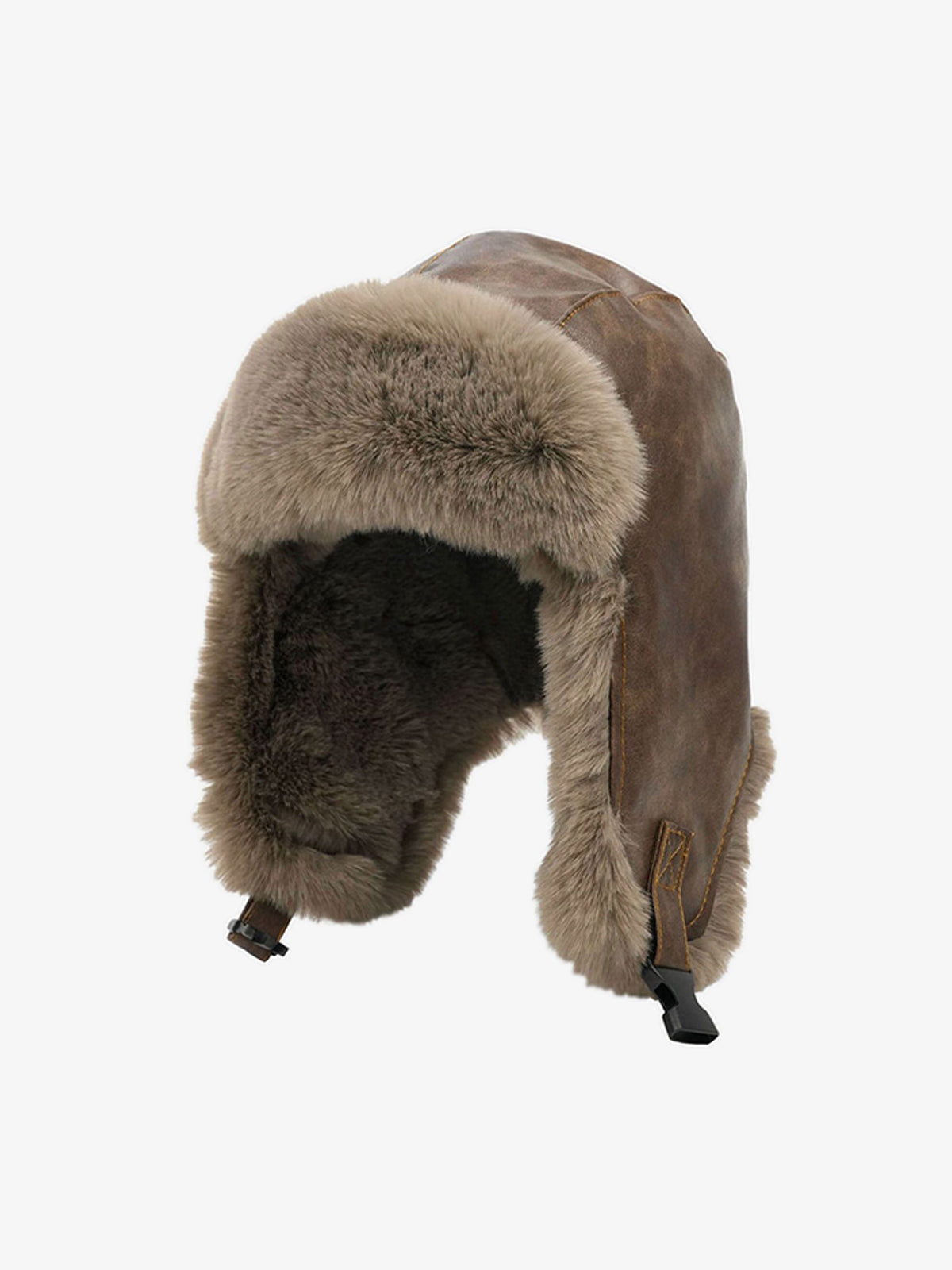 Vintage Distressed Leather Plush Trapper Hat - Dark Brown / ONE SIZE