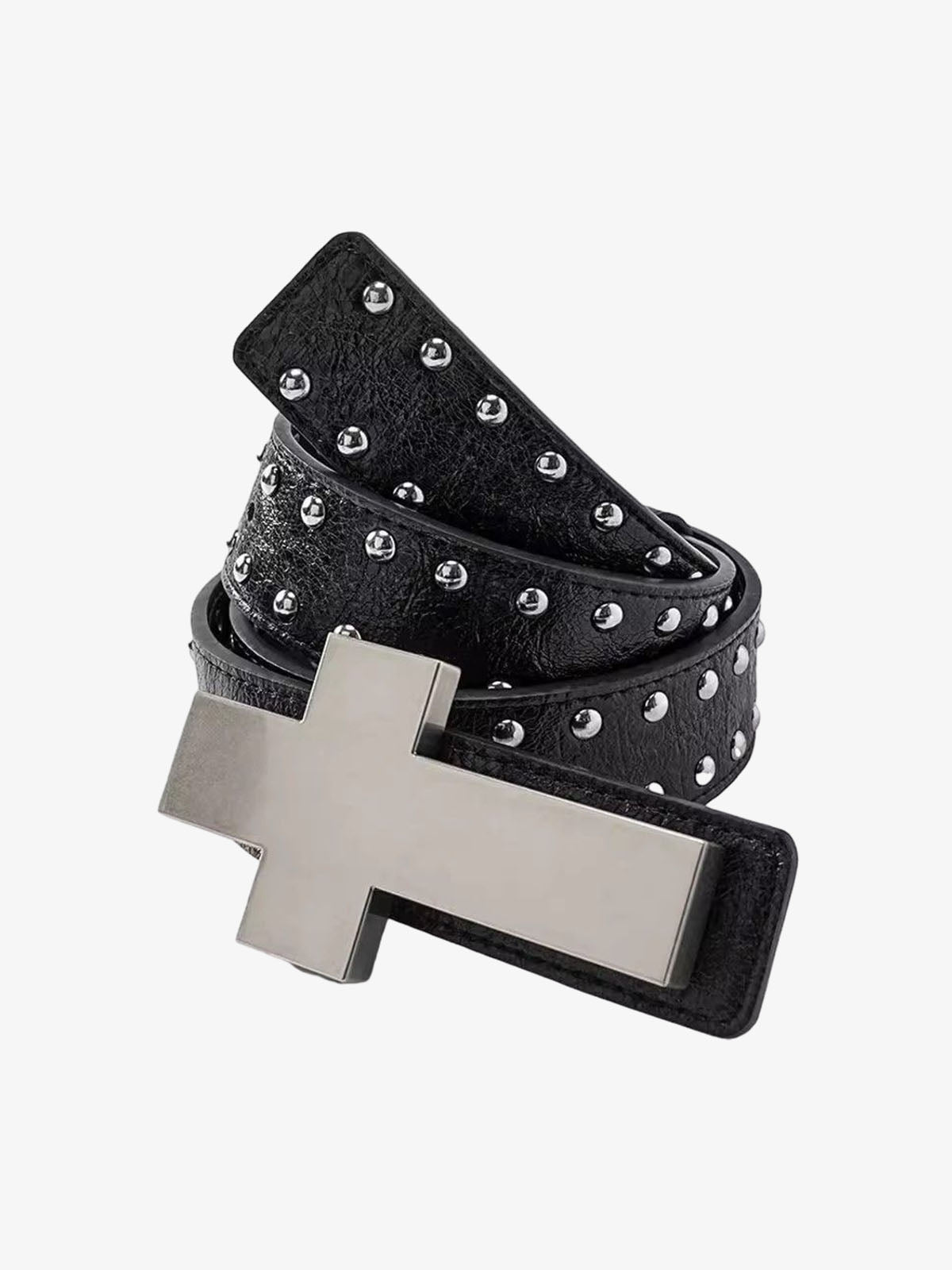 Cross Buckle Studded Black Leather Belt - Black / 110CM