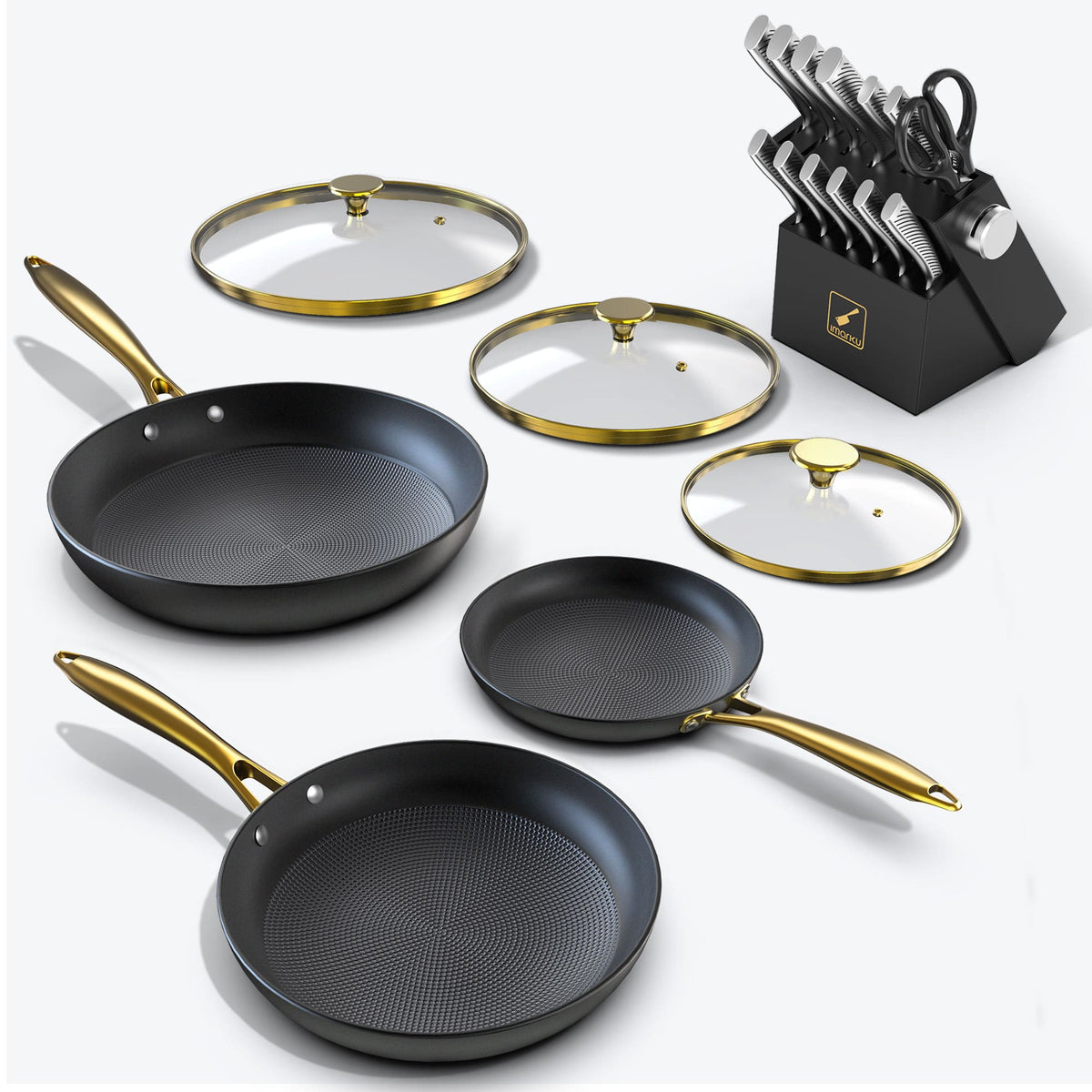 3PCs Cast Iron Fry Pan Set with Golden Glass Lids & 14 PCs Knife Set Bundle - Black