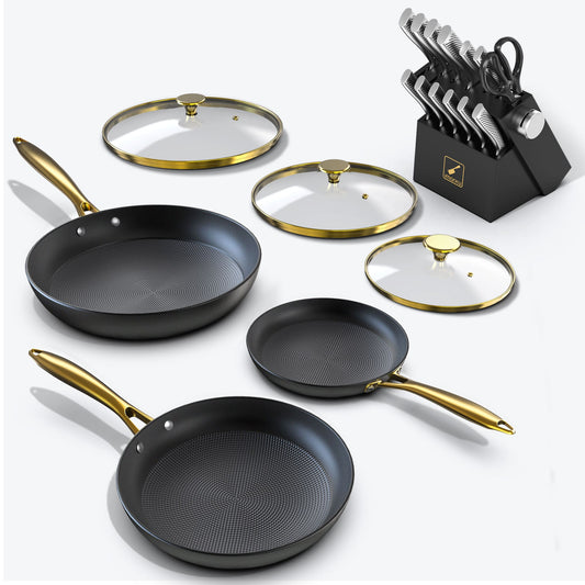 3PCs Cast Iron Fry Pan Set with Golden Glass Lids & 14 PCs Knife Set Bundle - Black
