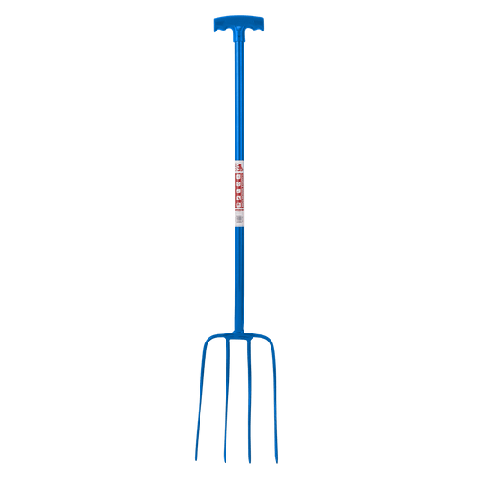 4 Prong Manure Fork with T Handle | Heavy Duty Stable Mucking Out Fork - Blue