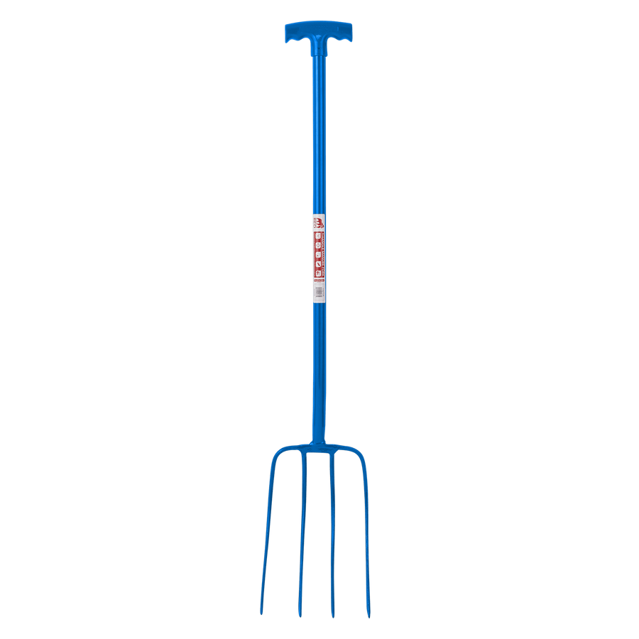 4 Prong Manure Fork with T Handle | Heavy Duty Stable Mucking Out Fork - Blue