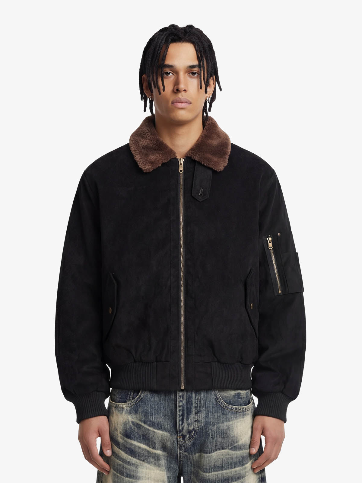 Retro Suede Faux Fur Collar Fleece Lined Bomber Jacket - Black / S