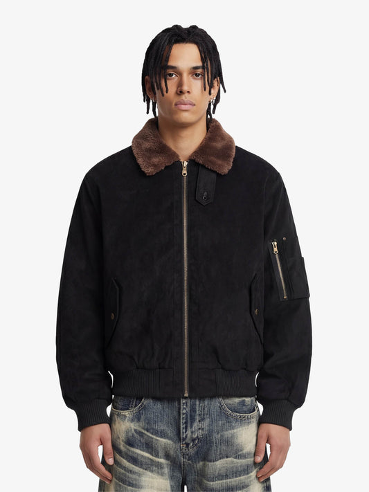 Retro Suede Faux Fur Collar Fleece Lined Bomber Jacket - Black / S